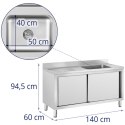 Zlew basen gastronomiczny jednokomorowy z szafką z drzwiami przesuwnymi prawy 140 x 60 x 94.5 cm Royal Catering