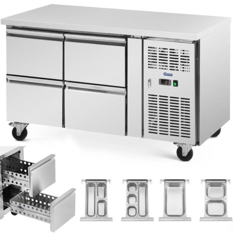 Stół chłodniczy gastronomiczny na kółkach 4 szuflady 280 l 136 x 70 x 85 cm Royal Catering