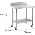 Stół blat roboczy przyścienny z rantem na kółkach 2 poziomy 60 x 80 cm STAL Royal Catering
