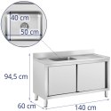 Zlew basen gastronomiczny jednokomorowy z szafką z drzwiami przesuwnymi lewy 140 x 60 x 94.5 cm Royal Catering
