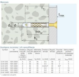 DYBEL UNIWERSALNY ŁEB Z NACIĘCIEM KRZYŻOWYM GXK 8/60MM ARVEX